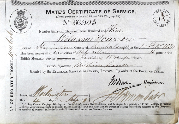 William Scarrow Mate's Certificate of Service